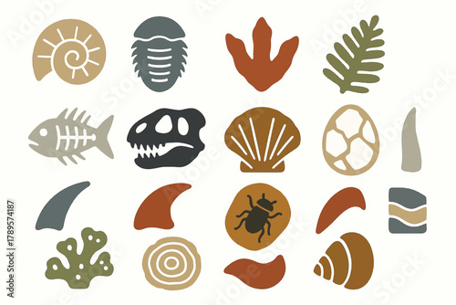 Nature and Fossil Icons Collection with Leaves, Shells, and Bones