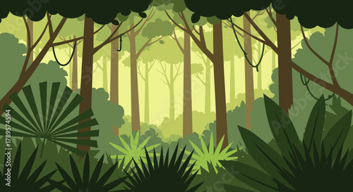 Lush green jungle with tall trees and hanging vines, a dense forest canopy
