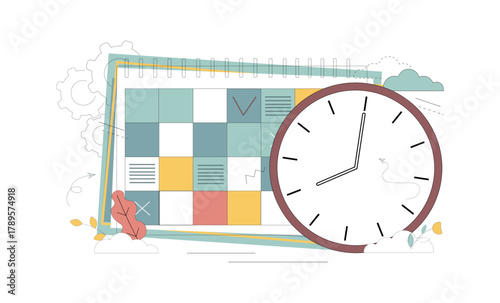 Planning concept. Clock and calendar with important days marked. Suitable for websites, posters, and postcards. Flat vector illustration.eps