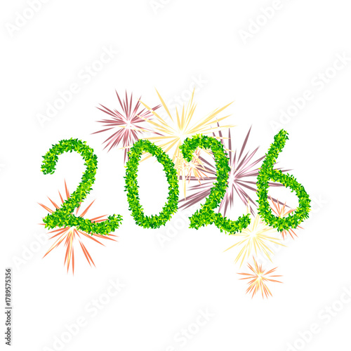 Green 2026 text made of leaves with colorful fireworks on white background for new year celebration