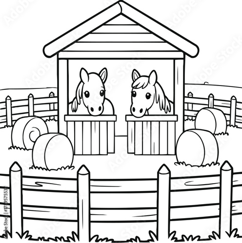 Friendly Horse Stable  Children’s Coloring Book Outline Illustration