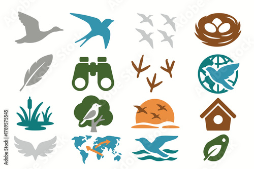 Migratory Birds Icons Set with Birds, Binoculars, and Nests