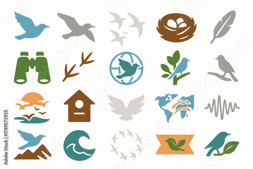 Migratory Birds Icons Set with Birds, Binoculars, and Nests