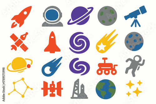 Space Exploration Icons Collection with Rockets, Planets, and Satellites