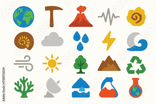 Earth Science Icons Set Featuring Geoscience, Weather, and Environmental Symbols