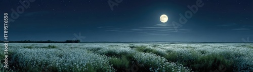 Full moon shining on wildflower field at night concept. A serene moonlit field under a clear night sky, nature's beauty.