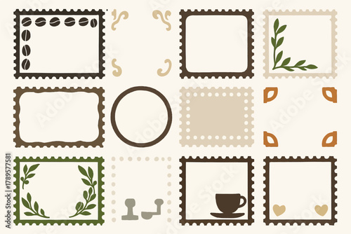 Coffee-Themed Decorative Frames with Leaves, Beans, and Cups