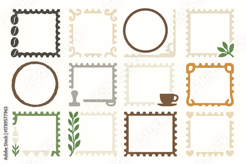 Coffee-Themed Decorative Frames with Leaves, Beans, and Cups