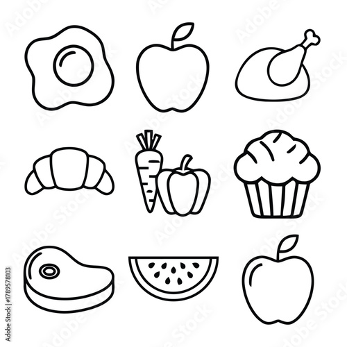 Collection of simple line art icons representing various food items