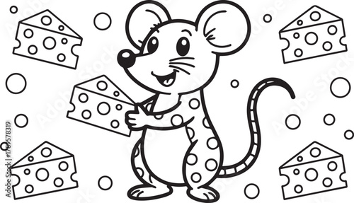 Happy cartoon mouse is holding a cheesy slice and surrounded by more cheese slices