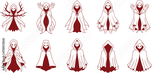 Minimalist cloak icon set, forest spirit inspired, flat 2D vector, geometric folds, mysterious fantasy design