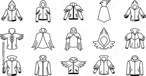 Minimalist bird-inspired clothing icon set, flat 2D vector jackets, capes, hoods, smooth feather line design
