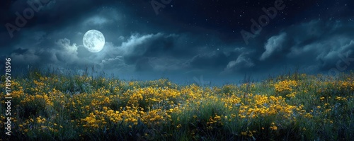 Full moon shining on wildflower field at night concept. A serene moonlit meadow with vibrant yellow flowers under stars.