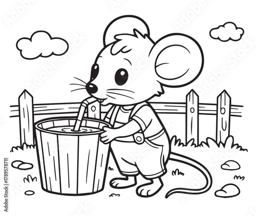 The cute mouse drinks water from a bucket using a straw in the yard