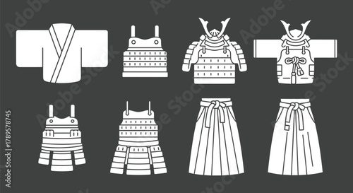 Minimalist samurai clothing icon set, flat 2D vector armor design, kimono hakama chest plate silhouettes