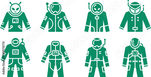 Minimalist 2D Spacesuit Clothing Icon Set with Futuristic Suits and Alien-Inspired Geometric Design