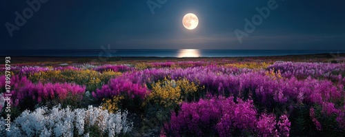 Full moon shining on wildflower field at night concept. Vivid flower field under the full moon at night.
