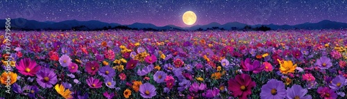 Full moon shining on wildflower field at night concept. Vibrant floral field under a full moon at night, serene atmosphere.
