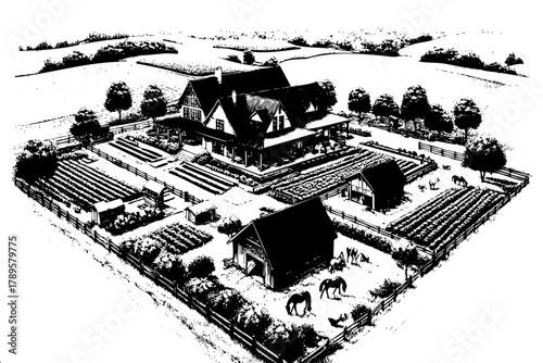 A farm with a house and barns. There are horses and cows in the background. The house is surrounded by a fence