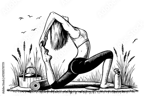 A woman doing a yoga pose in a field with a bird in the background. Concept of relaxation and tranquility, as the woman is focused on her yoga practice while surrounded by nature