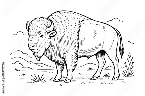 A buffalo is standing in a grassy field. The buffalo is large and has a long mane. The sky is cloudy and the field is empty