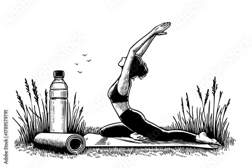 A woman doing yoga poses in a field with a bottle of water nearby. Concept of relaxation and mindfulness, as the woman is focused on her practice and the natural surroundings