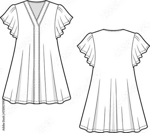 Fashion flat sketch of V-neck flared dress with flutter sleeves, elegant summer outfit, feminine clothing design, technical vector illustration