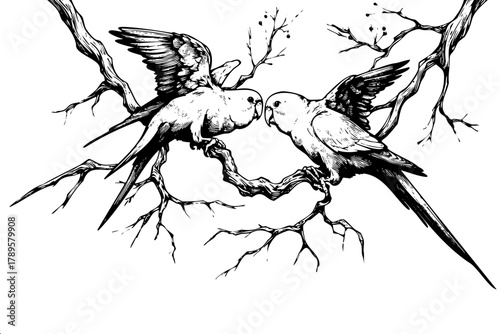 Two birds are perched on a branch, one of which is pecking at the other. The scene is peaceful and serene, with the birds seemingly enjoying each other's company