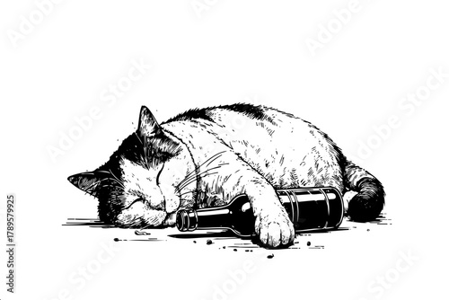 A cat is sleeping on a table with a bottle of beer next to it. The cat appears to be drunk and is laying on its back