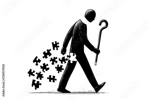 A man is walking with a cane and a pile of jigsaw puzzle pieces. Concept of confusion and disarray, as the man is struggling to put the pieces back together