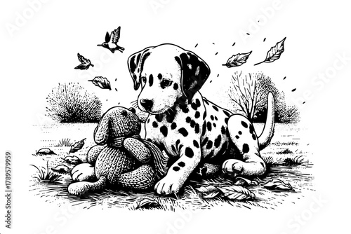 A black and white drawing of a dog and a stuffed animal. The dog is laying on the ground next to the stuffed animal