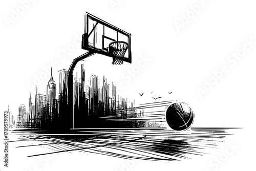 A basketball is in the air above a basketball hoop. The hoop is in the middle of a cityscape