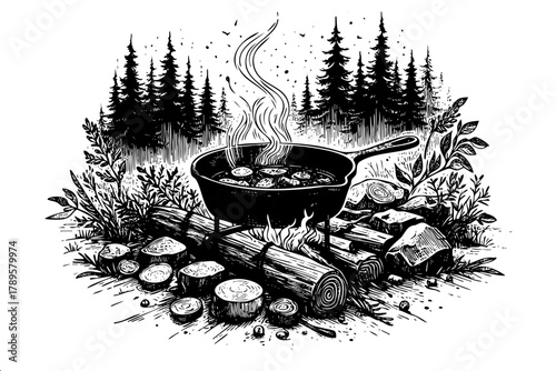 A black and white drawing of a pan with food cooking on a fire. The pan is filled with eggs and bacon, and the fire is hot. Concept of warmth and comfort, as well as the idea of cooking outdoors
