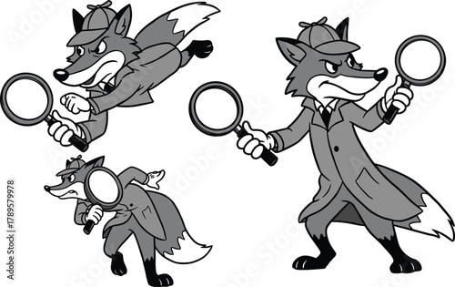 Cartoon detective fox holding magnifying glass investigating clues in vintage black and white style mystery illustration design