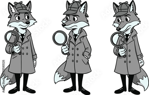 Cute cartoon fox detective character in trench coat holding magnifying glass, mystery investigator animal illustration for kids and design