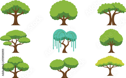 Set of nine cartoon green trees illustration, nature forest collection with different shapes, eco friendly landscape, vector design art