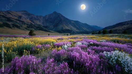 Full moon shining on wildflower field at night concept. Vibrant wildflower field under a moonlit sky and majestic mountains.