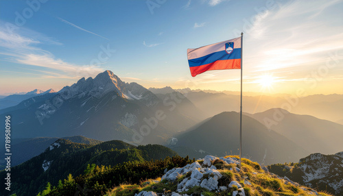 Stunning Slovenia flag atop mountain peak at sunrise, symbol of national pride and breathtaking alpine landscape, perfect for travel and patriotism themes