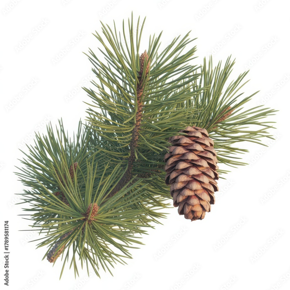 Fototapeta premium Pine branch with a single pinecone isolated on white background