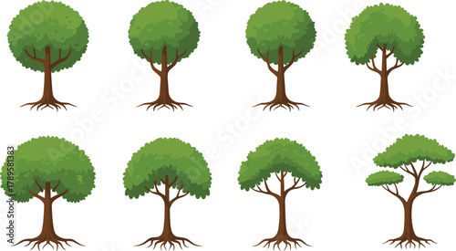 Set of eight cartoon green trees with roots illustration, natural forest plant collection, eco friendly nature concept, vector graphics design