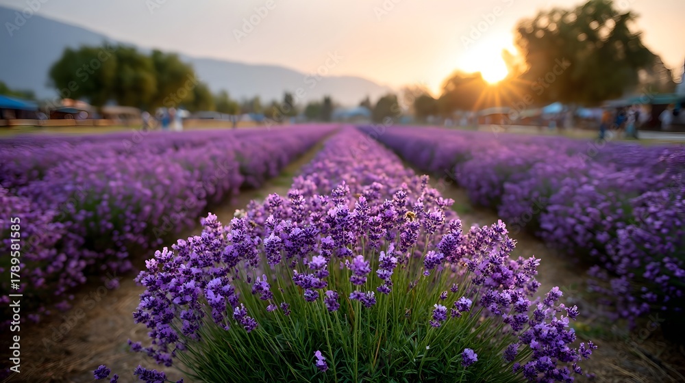 Obraz premium Vibrant purple lavender field rows bathed in warm golden sunset light with buzzing bees
