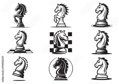 Set of Chess knight line art vector