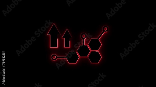 Futuristic neon molecular structure with upward arrows in red glow on black background.
