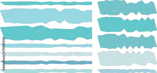 Collection of torn paper strips in various shades of blue and teal