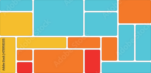 Abstract mosaic of colorful rectangles and squares in cyan, orange, yellow, and red, arranged in a visually appealing pattern