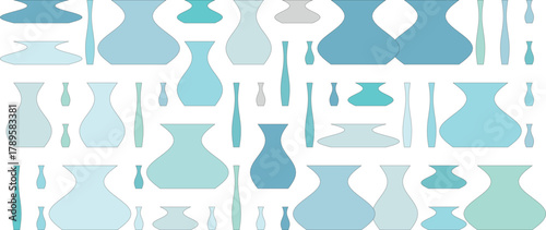 A collection of blue and green vases and bottles arranged in a pattern on a white background