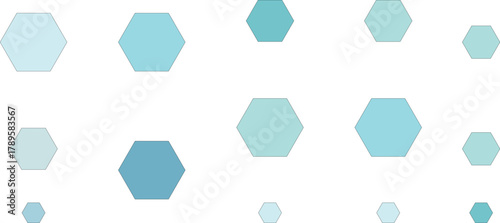 A collection of blue and teal hexagons of varying sizes scattered on a white background