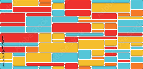 Abstract mosaic pattern of colorful rectangles in red, yellow, and cyan, arranged in a dense, visually engaging composition on a white background
