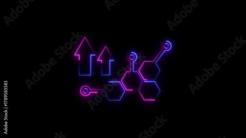 Futuristic neon molecular structure with upward arrows in blue and pink glow on black background.