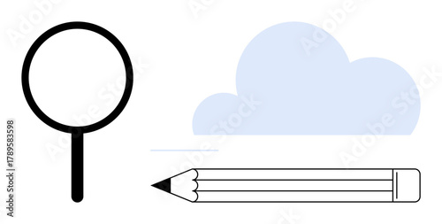 Magnifying glass, light blue cloud, and pencil symbolizing curiosity, creative process, and brainstorming. Ideal for innovation, research, education, design thinking cloud storage creativity